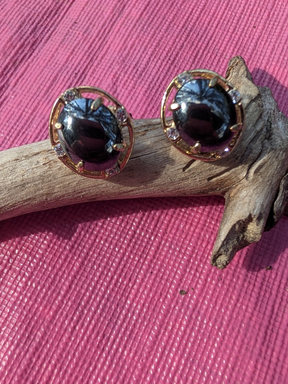 Genuine Hematite Rhinestone Earrings Gold Tone Vintage Studs Goth Glam